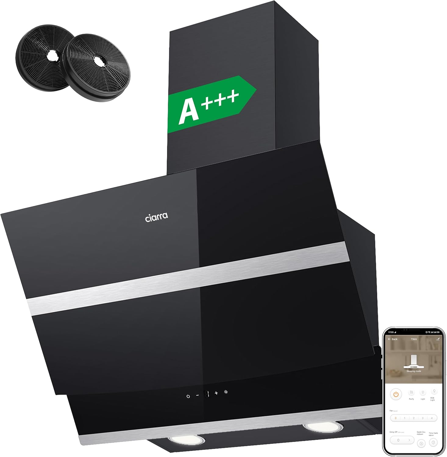 ASB6736N Hotte Aspirante Class A+++ 60cm 650 m³/h - Hotte Inclinée pour Cuisine - Filtre à Charbon Inclus - WIFI & Commande Tactile - 4 Vitesses - Lumière LED - Recyclage & Evacuation - Noire Noir A+++