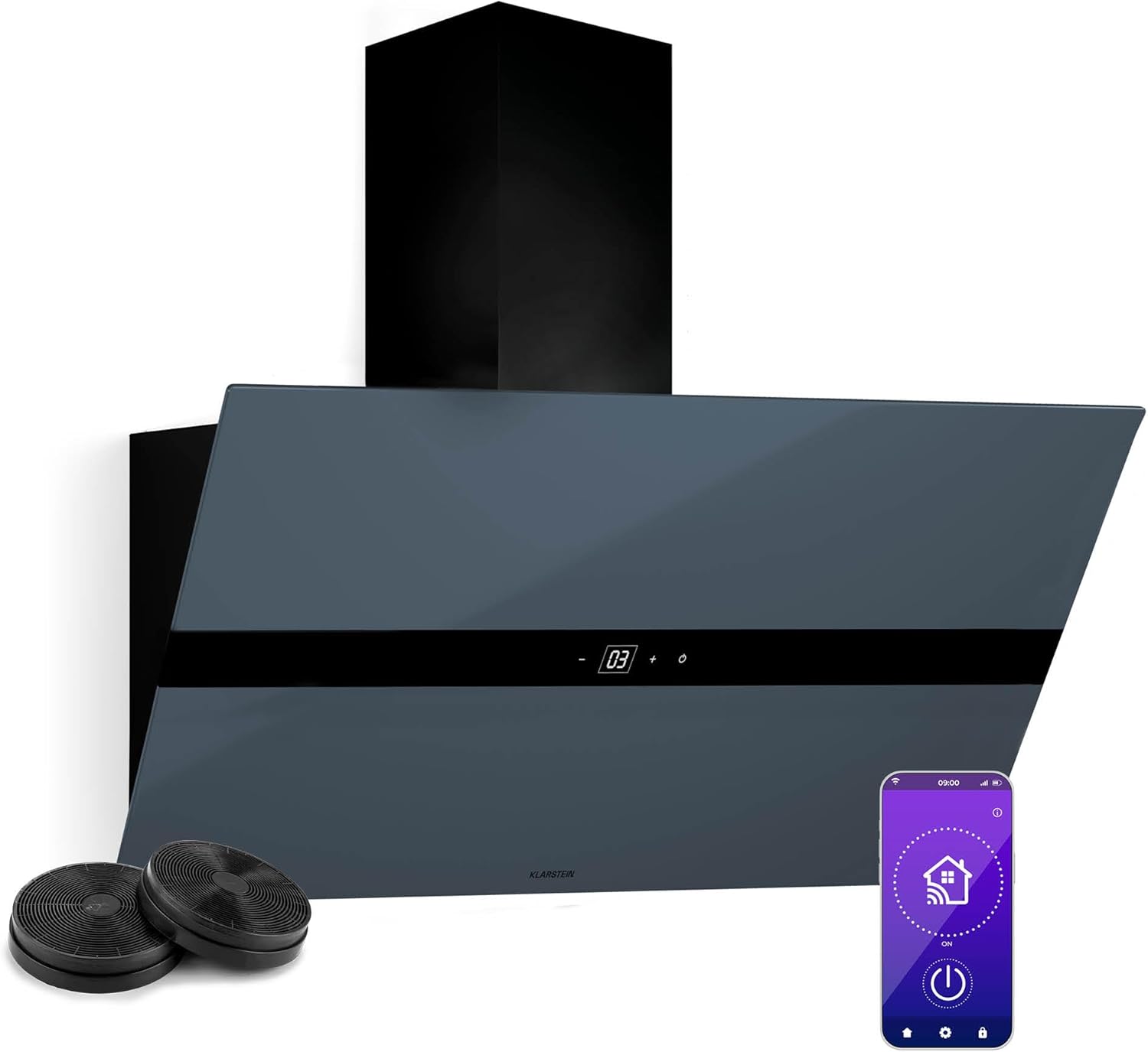 WiFusion Hotte Aspirante - 90 cm, 690 m³/h, CEE A++, Commande Wi-Fi & Tactile, LED 6000-6500 K, Silencieuse 52 dB, Hotte de Cuisine, Noire, Filtre à Charbon Inclus 90 cm Gris Foncé