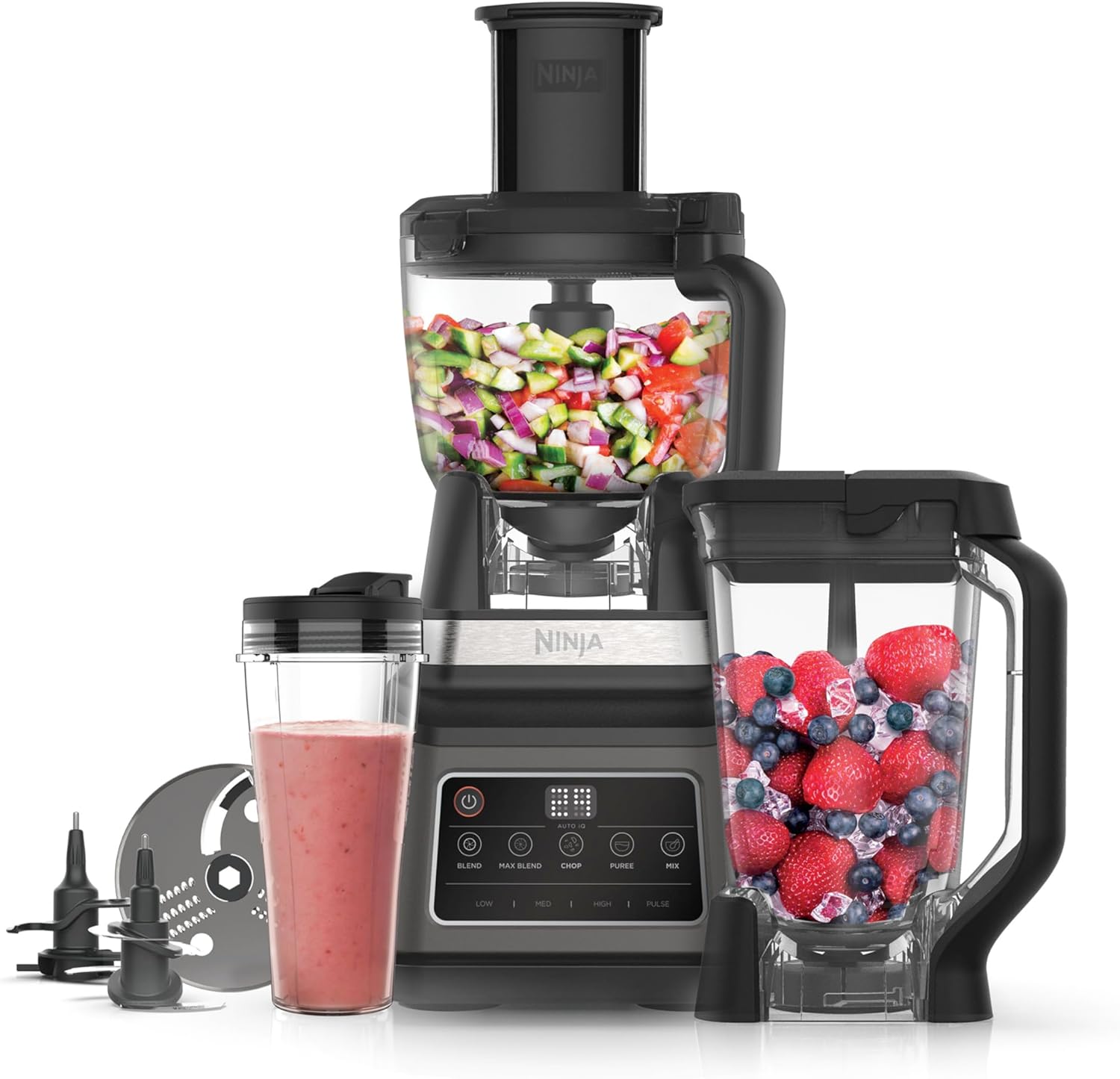 3-en-1 Robot de cuisine et mixeur avec 5 programmes: Mixer, Mixer Max, Hacher, Mélanger, Purée, Bol 1,8L, Cruche 2,1L, Tasse 700ml, 1200W, lavables au lave-vaisselle, Auto-iQ, Noir BN800EU