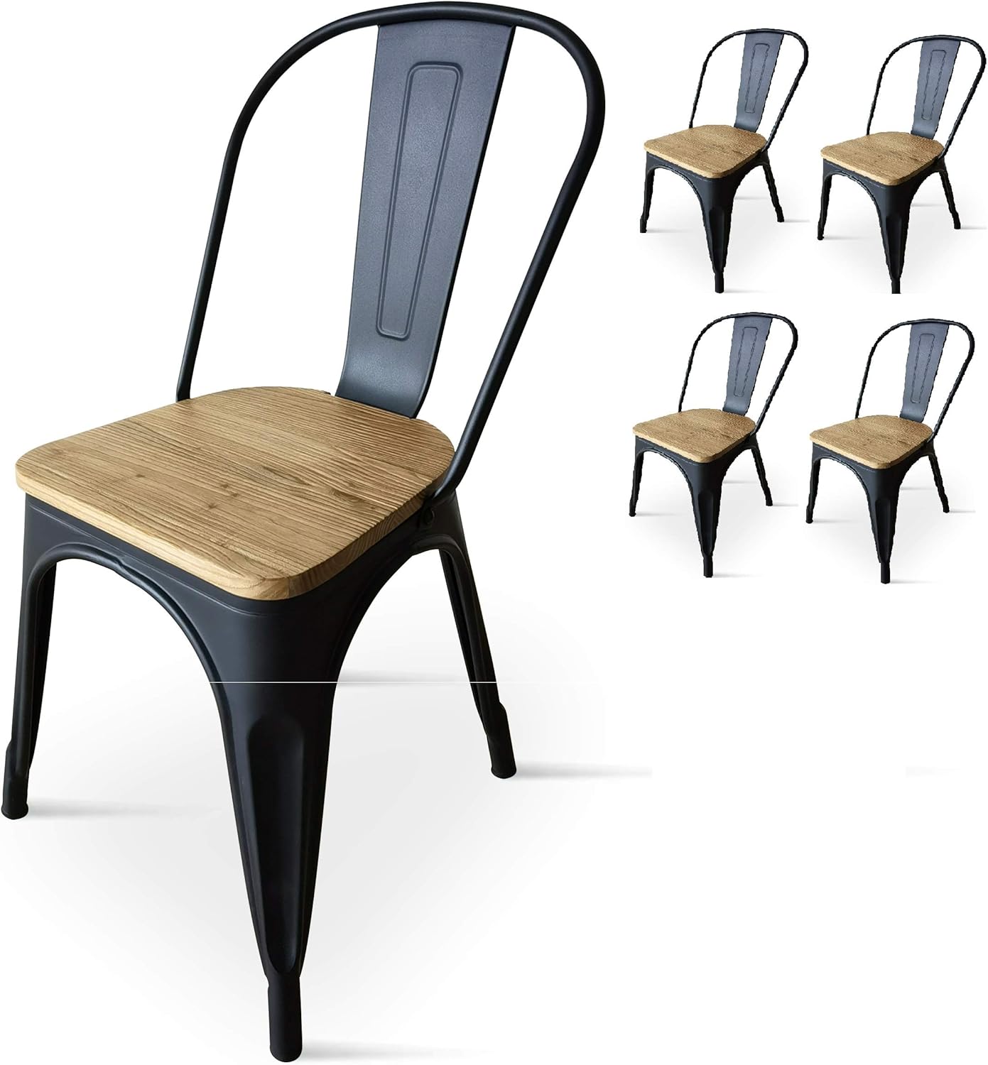 Lot de 4 Chaises Industrielles Factory – Style Loft Métal Noir Mat & Bois Naturel Clair – Chaises Salle à Manger Empilables avec Patins Antidérapants – Faciles d’Entretien 46D x 44W x 84H cm Bois