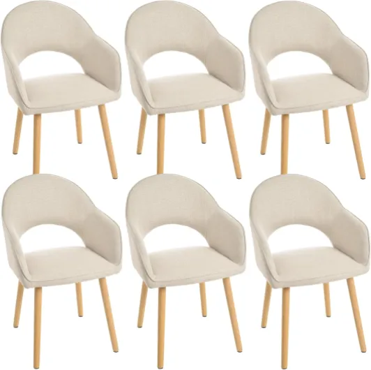 Lot de 6 chaises de Salle à Manger en Polyester avec Pieds en Bois et accoudoirs rembourrés, pour Cuisine, Salle à Manger, Cuisine Beige 6 chaises Polyester Beige