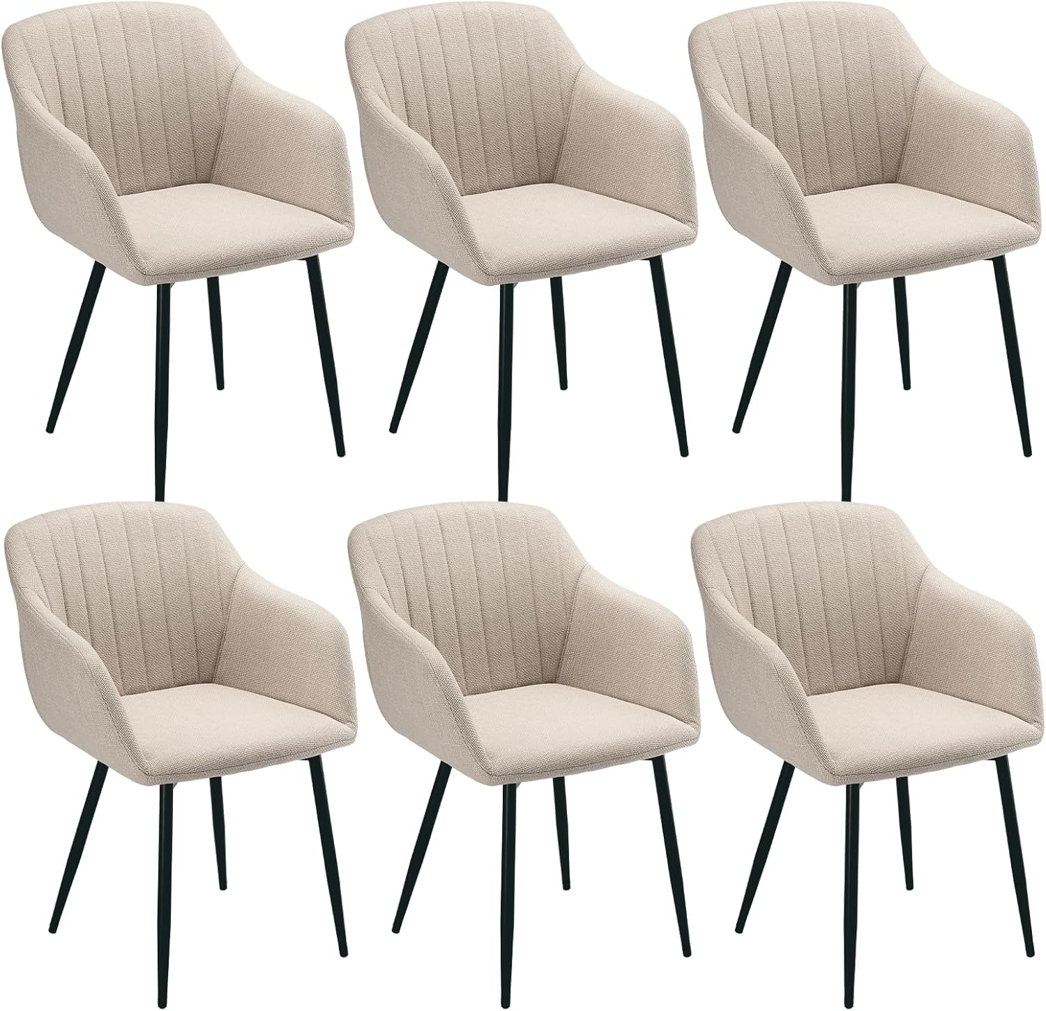 Chaise Beige de Salle à Manger Lot de 6 avec Accoudoirs Chaises Salon Fauteuil Chaises Cuisine Rembourrée en Polyester Pieds en Métal Noir 6 chaises Beige