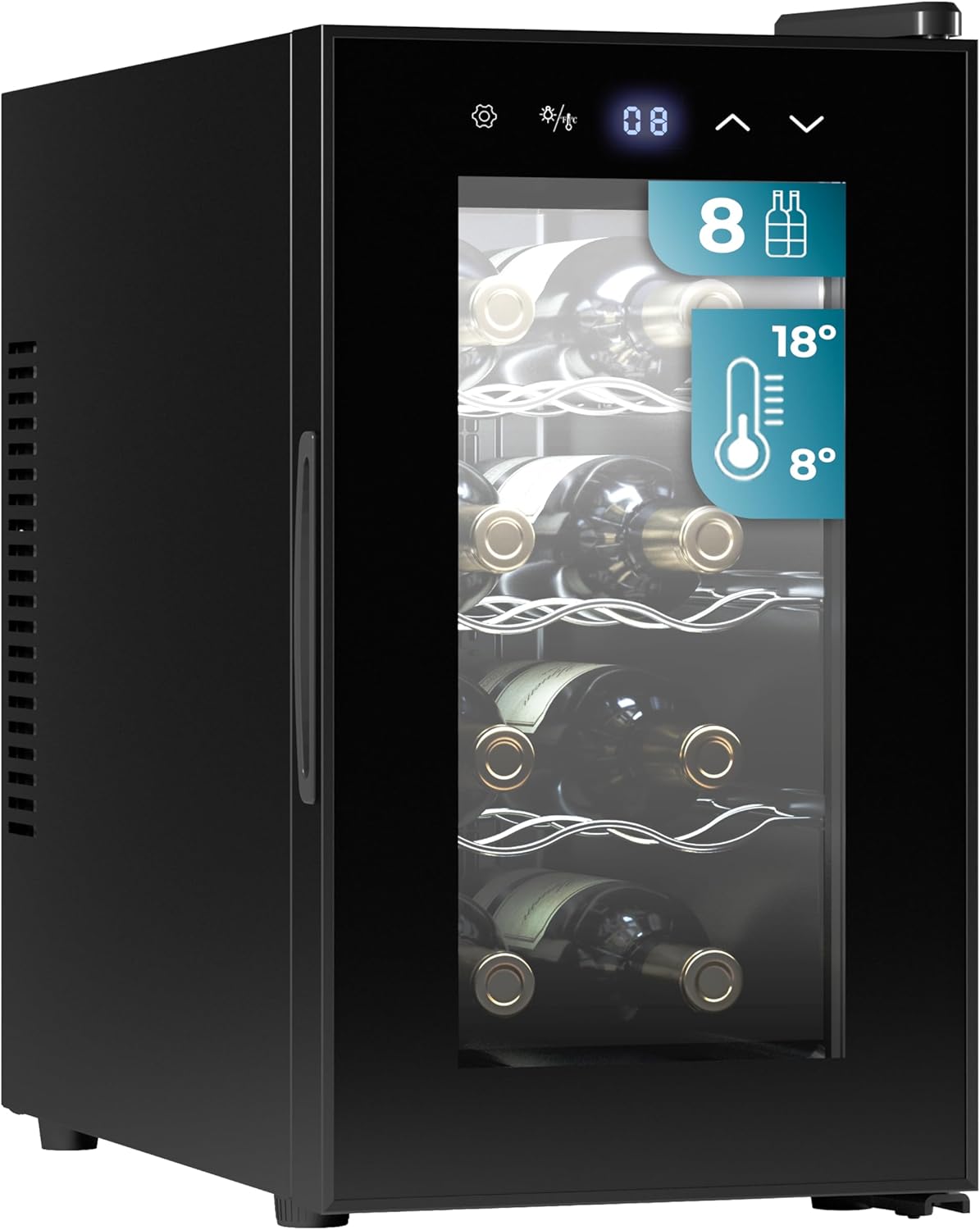 Cave à vin 8 bouteilles Bolero Grandsommelier 830 coolcrystal, Refroidissement thermoélectrique, Température réglable entre 8 et 18°C, Commande tactile et affichage, Gaz non nocif - 8 Bouteilles Noir