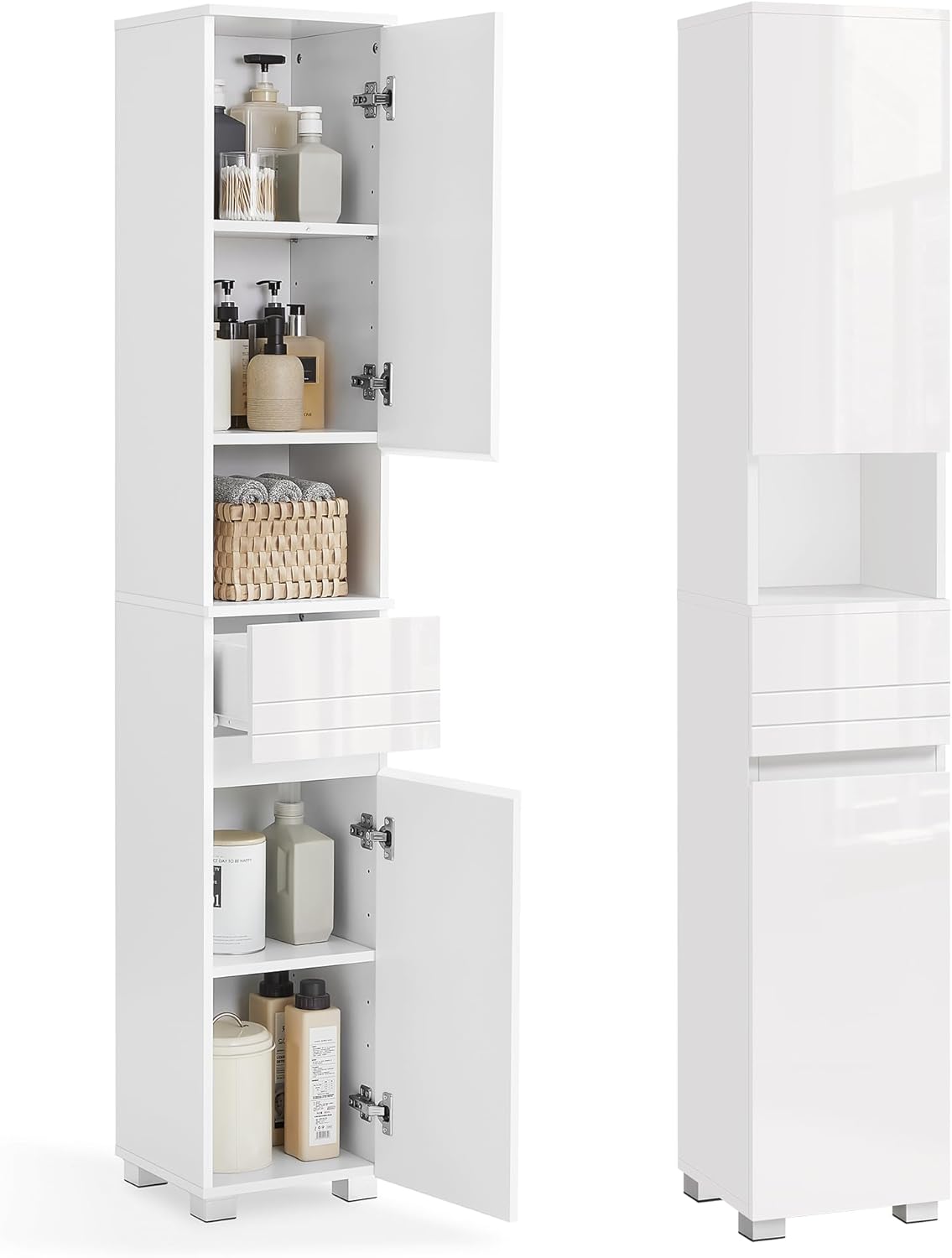 Armoire de Salle de Bain, Meuble de Rangement, Colonne, avec Tiroir, Étagères Réglables, Compartiments, 30 x 30 x 170 cm, Blanc BBC560P31 30L cm Blanc Nuage