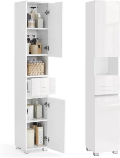 Armoire de Salle de Bain, Meuble de Rangement, Colonne, avec Tiroir, Étagères Réglables, Compartiments, 30 x 30 x 170 cm, Blanc BBC560P31 30L cm Blanc Nuage