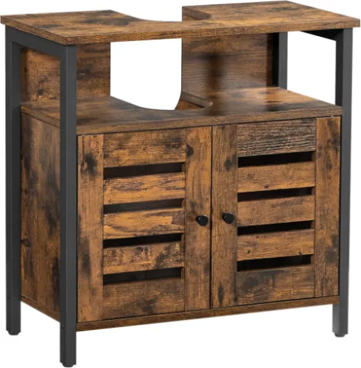 Meuble sous lavabo, Armoire Salle de Bain, Placard Rangement, 60 x 30 x 60 cm, avec Cadre Acier, Portes persiennes, Planche réglable, Style Industriel, Marron Rustique et Noir BBC901B01