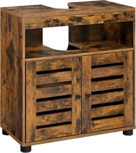 Meuble sous Lavabo, Meuble de Salle de Bain, Placard de Rangement, 30 x 60 x 64 cm, convient aux Lavabos sans Colonnes, avec 2 Portes Persiennes, Planche Réglable, Marron Rustique BBK04BX Pour lavabo sans colonne