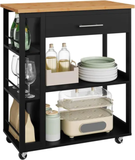 Desserte à roulettes, Îlot de Cuisine, Chariot de Rangement avec Plan de Travail, Tiroir et Étagères Ouvertes, pour Salle à Manger/Salle de Bain, 73x38x88cm, Effet de Bambou + Noir, RW051sz Effet Bambou + Noir