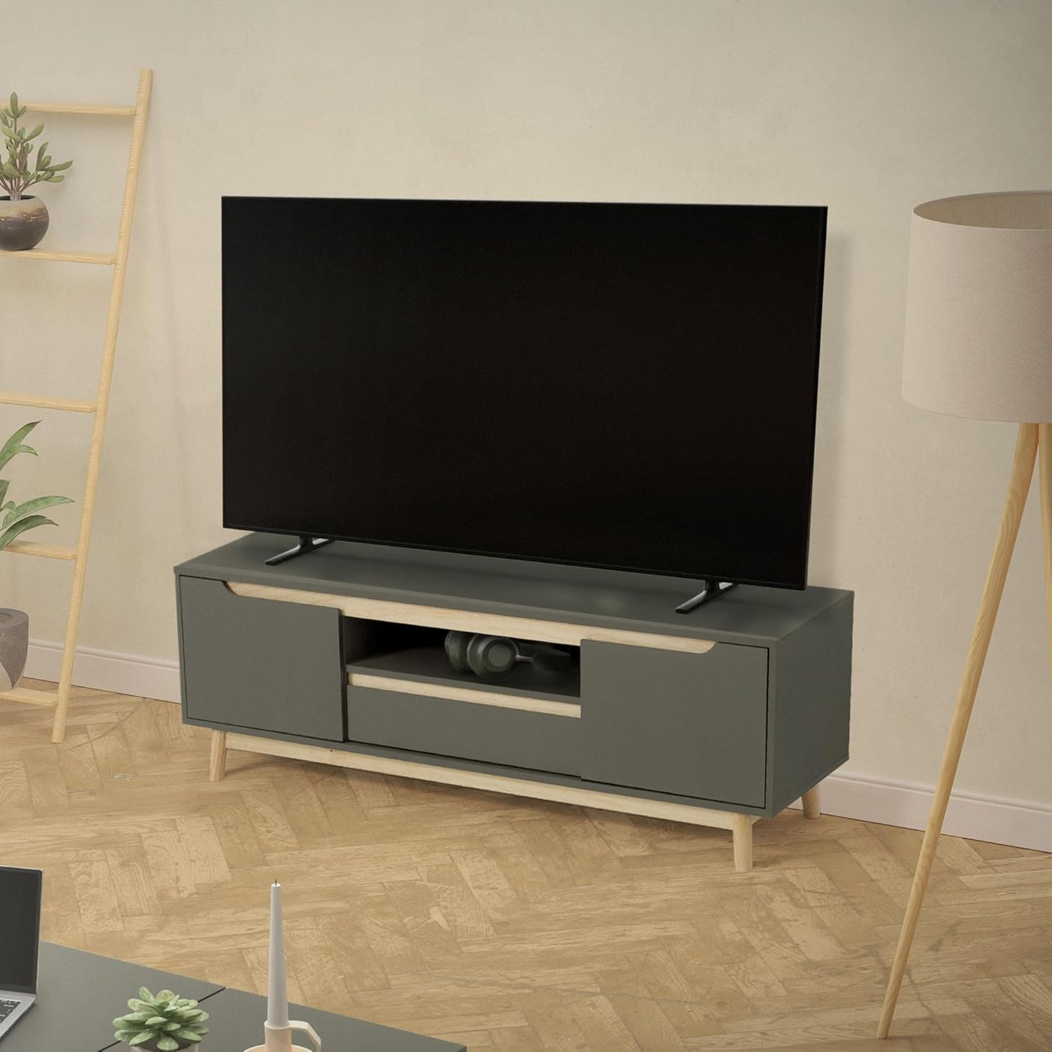 ML-Design Armoire TV Vert-Naturel, Meuble TV avec 2 Portes, Tiroir, Etagère, Pieds en Bois de Pin, Étagère TV Lowboard 120x40x46 cm, Buffet TV jusqu'à 55 Pouces, Table Bas, Meuble TV de Salon Chambre 120 cm