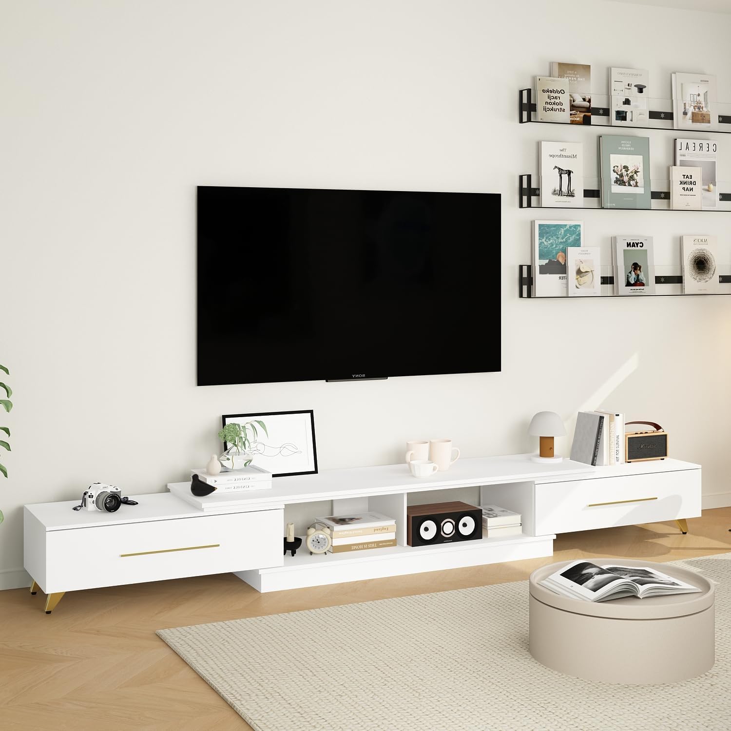 Caldion Meuble TV Bas Moderne avec 2 tiroirs, Meuble TV réglable avec 4 Pieds, Largeur : 160 à 260 cm, Meuble TV avec étagères Ouvertes, Blanc, MDF