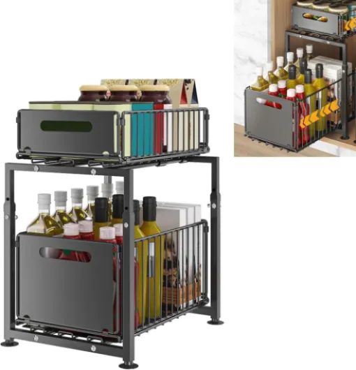 Rangement Cuisine, 2 Étages Coulissante Rangement Sous Evier en Acier, Dur Rangement et Organisation de Cuisine Réglable en Hauteur, pour Salle de Cuisine, Bureau, Bain, Noir