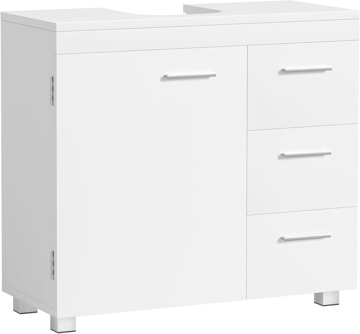 Meuble sous Lavabo, Meuble de Salle de Bain, 3 Tiroirs Latéraux, 2 Cases Derrière la Porte, pour Lavabos sur Colonne, avec Pieds, 30 x 70 x 64 cm, Blanc Nuage BBK504W01 Blanc Nuage Pour lavabo avec colonne