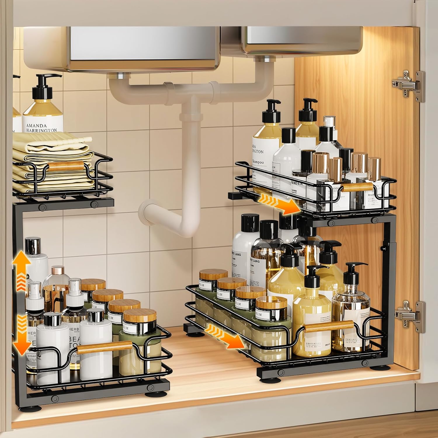 JYPS Lot de 2 Rangement sous Evier, 2 étages Métal Organisateur sous Evier Tiroir Coulissant à Extraction, Réglable en Hauteur Rangement Organisation de Cuisine, Etagere Placard sous evier Salle(Noir) 2pcs Noir