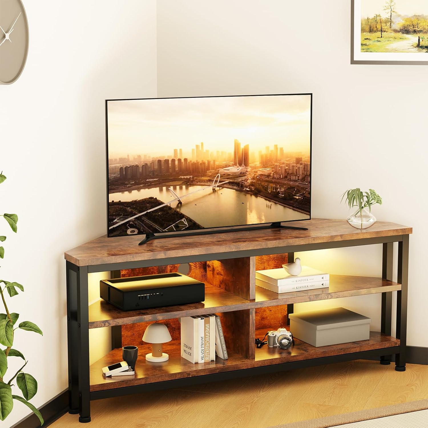 Meuble TV Bas d'angle avec éclairage LED Marron Vintage 106x36x45.5 cm