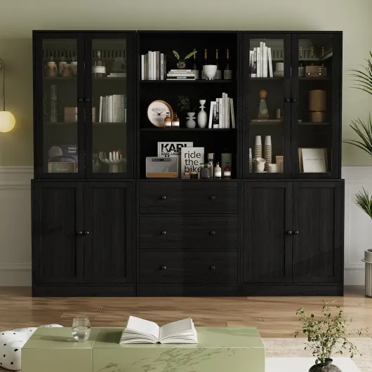 Vitrine en Verre 180 cm Haute, Bibliothèque avec Portes en Verre, Étagère Haute sur 6 Niveaux, Bibliothèque Meuble de Rangement,Armoire Vitrine pour Bureau, Salon, ABA(Noir)