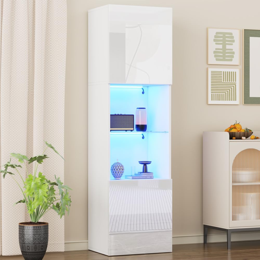 Zepneiy Vitrine Haute Brillance 45×35×160 cm, Meuble de Rangement avec éclairage LED, avec 1 étagère en Verre, Meuble Haut indépendant, Blanc 45×35×160 cm Blanc