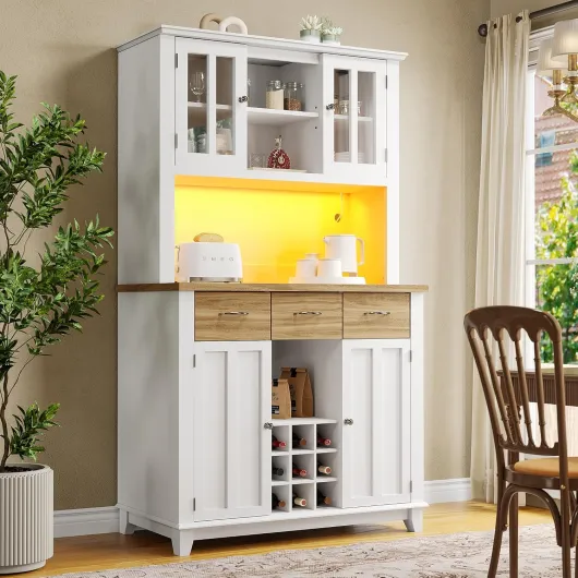 Zepneiy Meubles de Cuisine, vitrine de Cuisine Haute, Buffet avec éclairage LED et étagères réglables, 106 x 40 x 179,5 cm (Bois tiroirs) Naturel