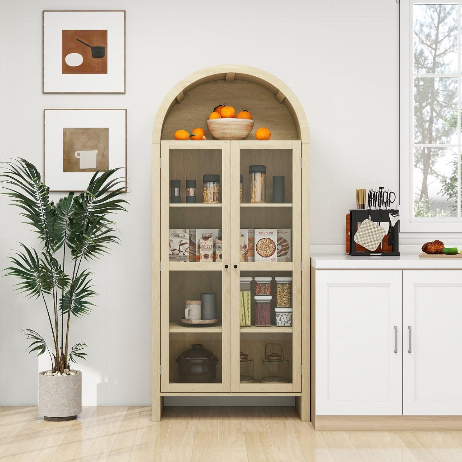 PUGSDRLY Buffet Haut Salon avec 2 Portes en Verre Acrylique,Vitrine,Buffet Salle a Manger en Forme d'arc,Meuble de Cuisine Rangement,Armoire de Rangement en Bois,79x39.5x178cm (Style-C)
