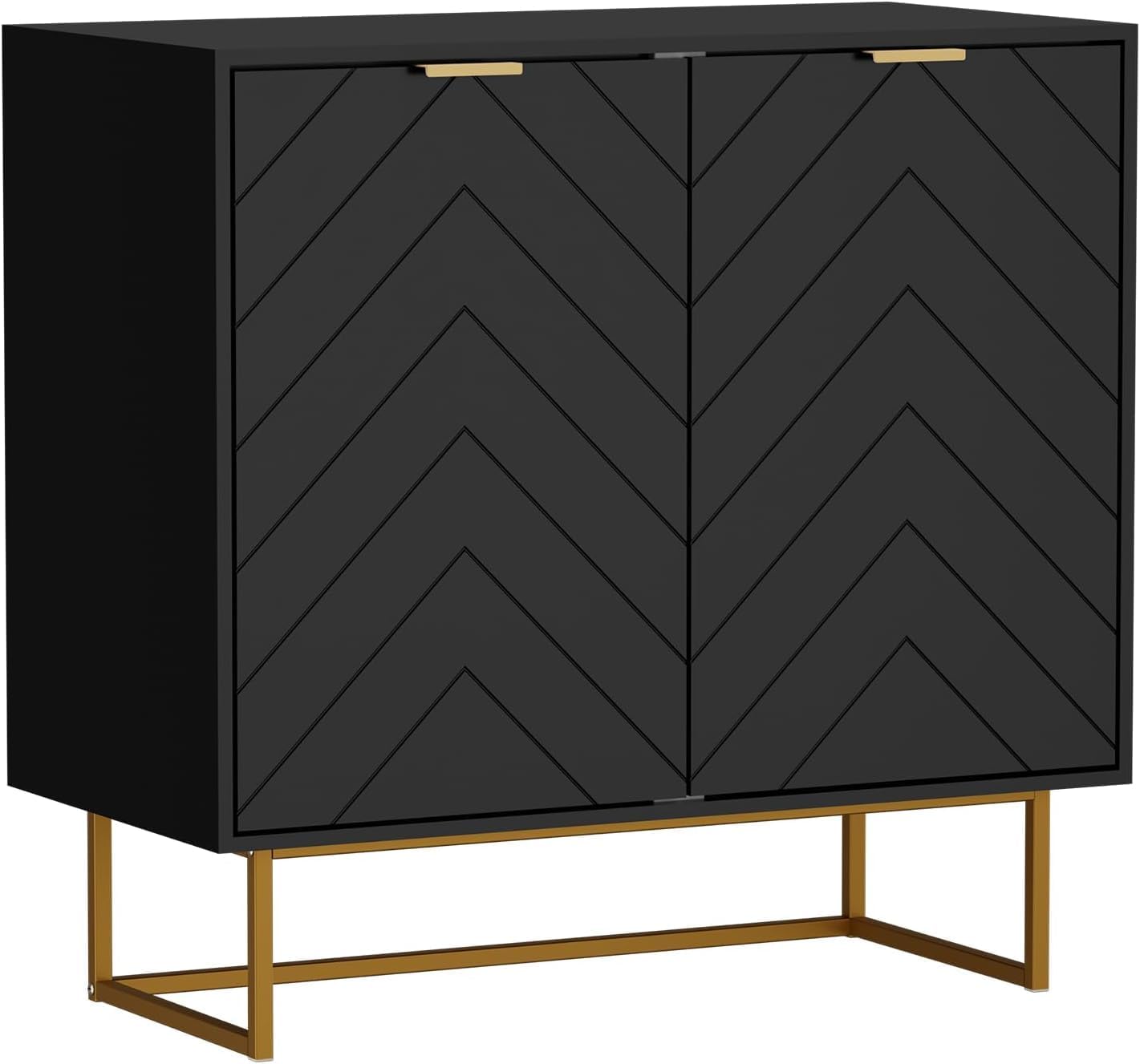 Buffet Bas à 2 Portes, Armoire de Rangement avec Étagère Réglable à 3 Positions, Support 65kg, Manche et Pieds en Métal Couleur Doré, pour Salon, Chambre, Studio, 80 x 40 x 77,5 cm (Noir)