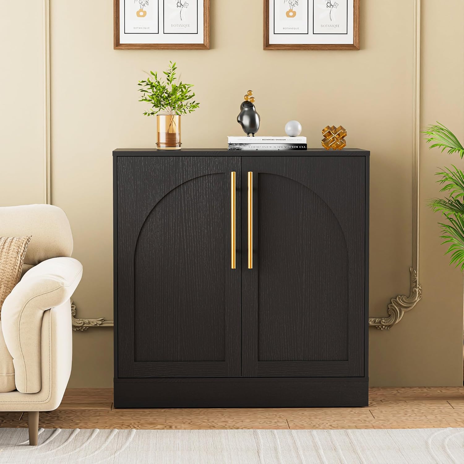 Buffet Bas à 2 Portes, Meuble de Rangement avec Manche en Métal Doré, Étagère Réglable et Amovibles, Porte à Motif en Arc, Support 50kg, pour Cuisine, Salon, Chambre, Bureau, 80 x 40 x 78cm, Noir Noir(porte) 80 x 40 x 78 cm