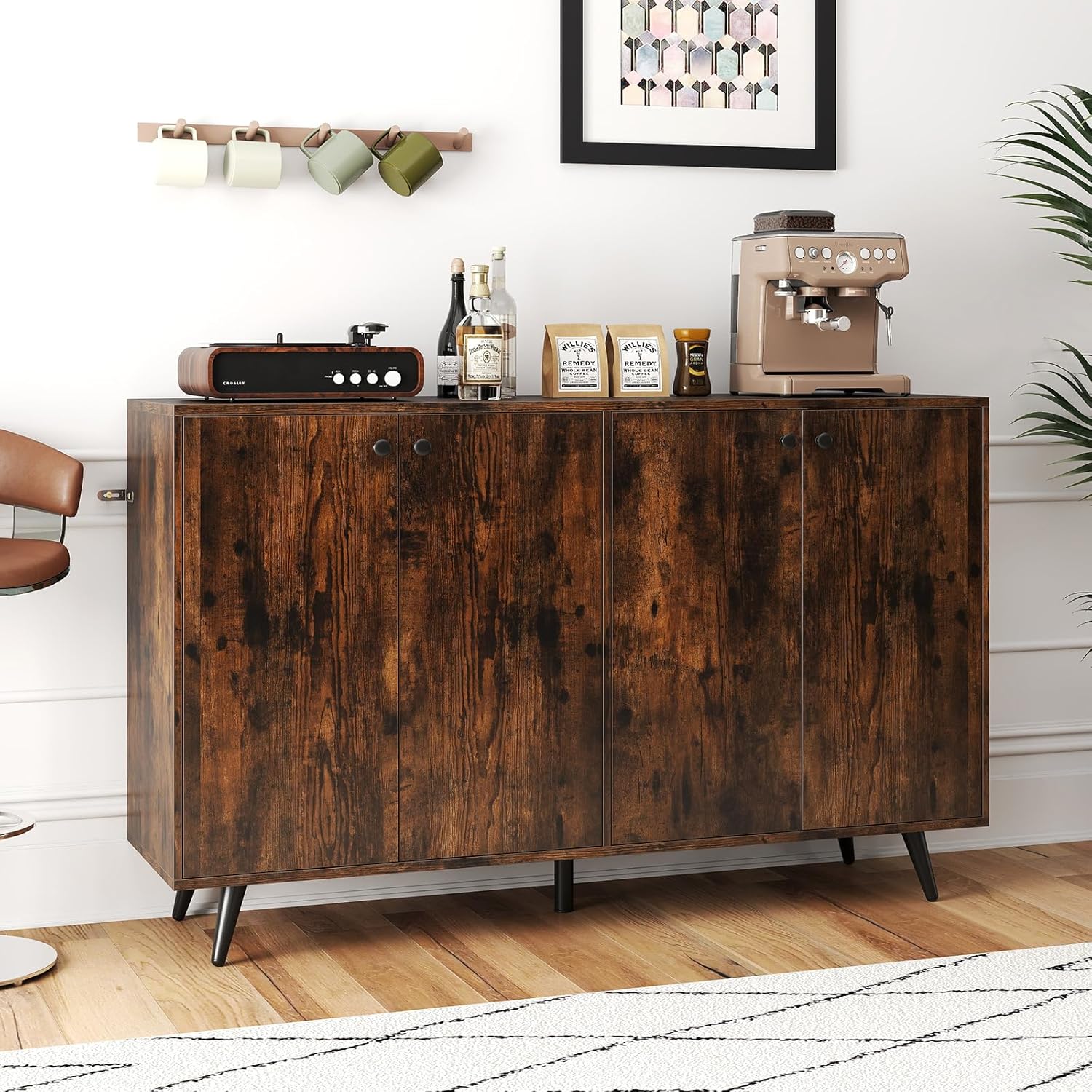 Buffet Bas 4 Portes, Buffet Salon Scandinave avec Étagères Réglables en 5 Positions, Meuble Rangement Bas, 5 Pieds Robustes, Commode 127 cm pour Salon, Salle à Manger (Marron Rustique)