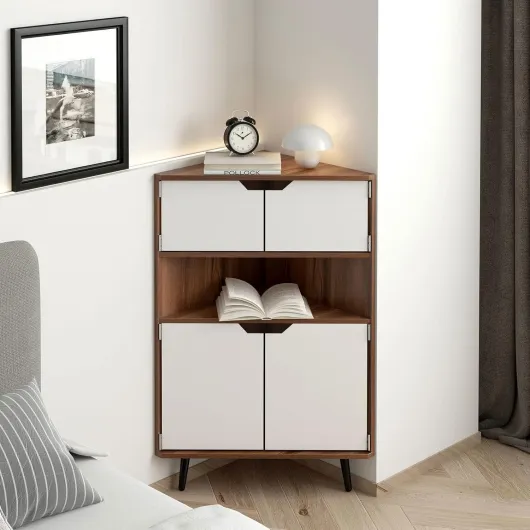 DlandHome Meuble de Rangement d'angle à 4 Niveaux, Meubles de Rangement autoportants avec Portes et étagères pour la Cuisine, Le Salon, l'entrée, Teck