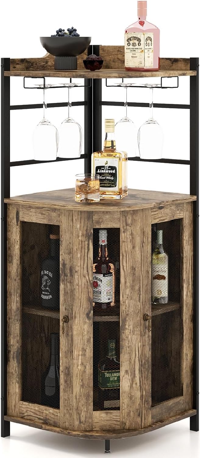 Armoire à Vin Angle avec Etagère Réglable, Armoire de Bar avec Portes en Treillis Métallique, Buffet Cuisine Angle, Kit Anti-Basculement, Industriel, 47,5 x 47,5 x 130 CM Brun Clair