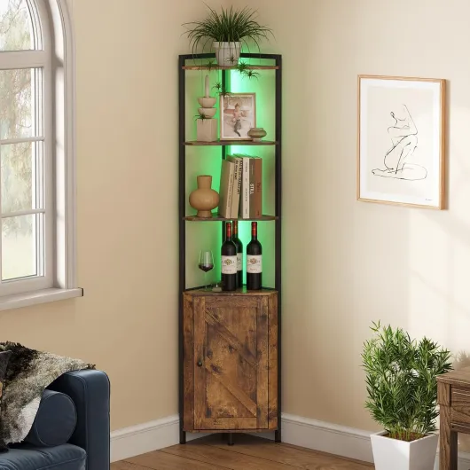 Etagère d'angle avec LED, Armoire de Rangement à 5 Niveaux avec Portes, Etagère d'angle de 172 cm pour Salon, Chambre à Coucher, Cuisine, Salle de Jeux, Petit Espace, Brun Rustique
