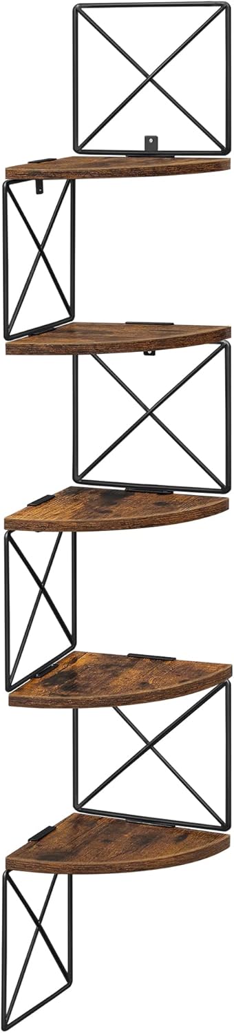 Étagère Murale à 5 Niveaux, Meuble d’Angle, Bibliothèque, Rangement, Montage Facile, pour Chambre, Salon, Salle de Bain, Cuisine, Bureau, Marron Rustique et Noir LLS851B01