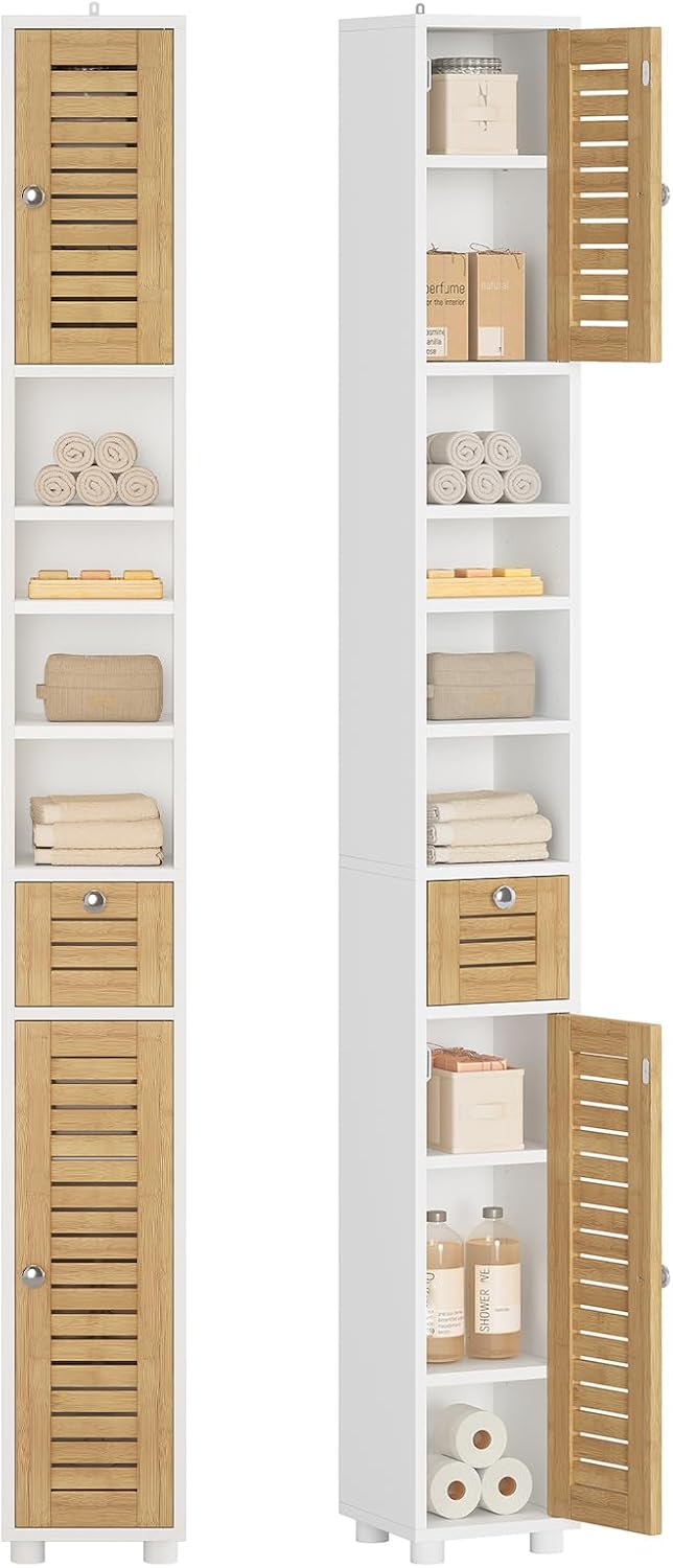Meuble Colonne Salle de Bain, Meuble de Rangement avec 4 étagères ouvertes, 2 Portes en Bambou,1 Tiroir,Meuble Haut avec Étagères Réglables,Armoire de Toilette pour Salon, Cuisine,22x20x180cm