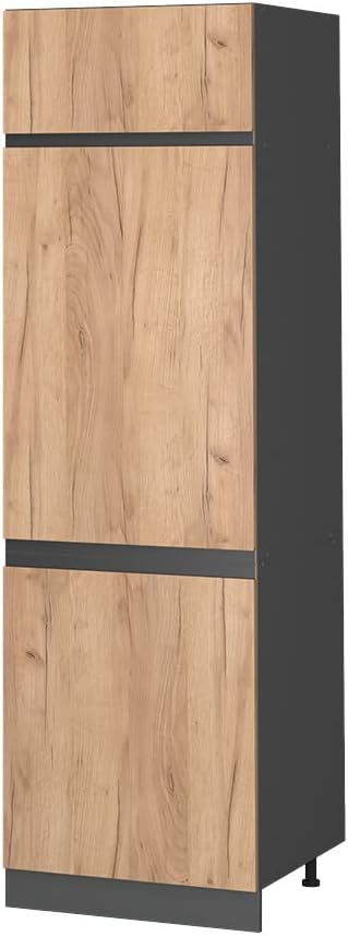 Armoire pour frigo R-Line, Chêne de Force doré/Anthracite, 60 cm J-Shape Chêne de Force Doré Armoire réfrigérée sans poignée