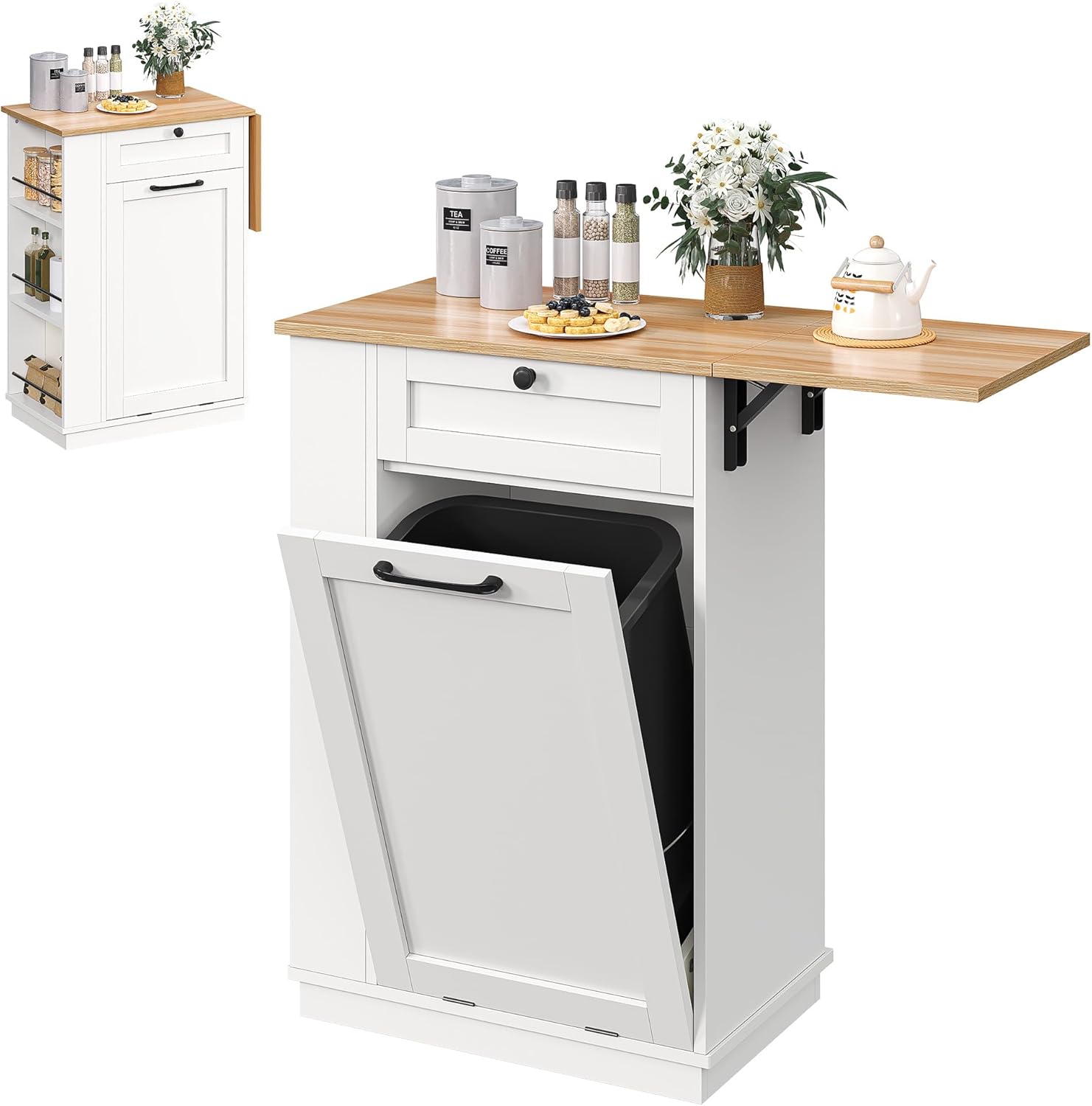 Buffet avec Poubelle Intégrée, Meuble de Cuisine avec Planche d'Extension, Rangement Latéral et Corbeille Inclinée, Îlot de Cuisine Autoportant sans Bac à Ordures