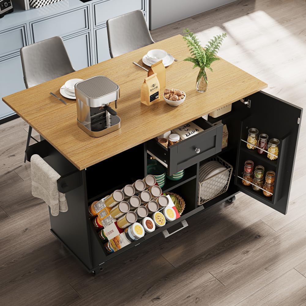 Îlot de Cuisine Moderne, Meuble de Cuisine pour Poubelles, Meuble Buffet, Table à Manger multifonctionnelle avec Espace de Rangement, Chariot de Salle à Manger,Noir + MDF Black + Mdf