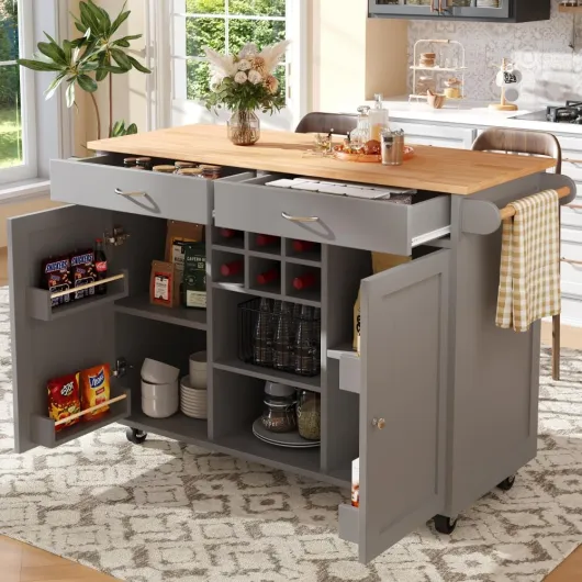 Îlot de Cuisine Moderne, Meuble de Cuisine, Buffet, Chariot à Manger avec Veinage de Bois, Buffet, Table à Manger Multifonctionnelle avec Espace de Rangement (102×45×92cm),Grise
