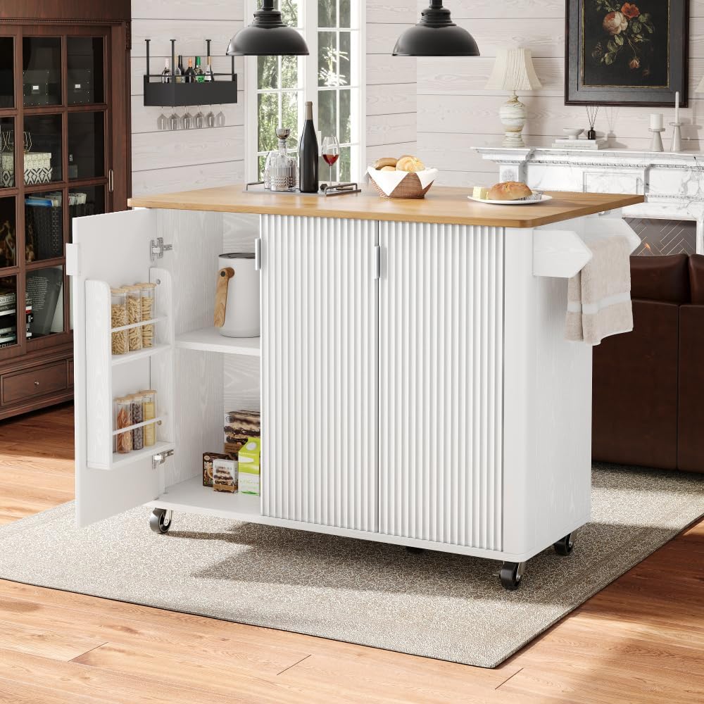 Vepssder Îlot de Cuisine Moderne, Meuble de Cuisine, Buffet, desserte avec veinage Bois, Buffet, Table à Manger multifonctionnelle avec Espace de Rangement,130 x 45 (75) x 92 cm,Blanc White + Mdf