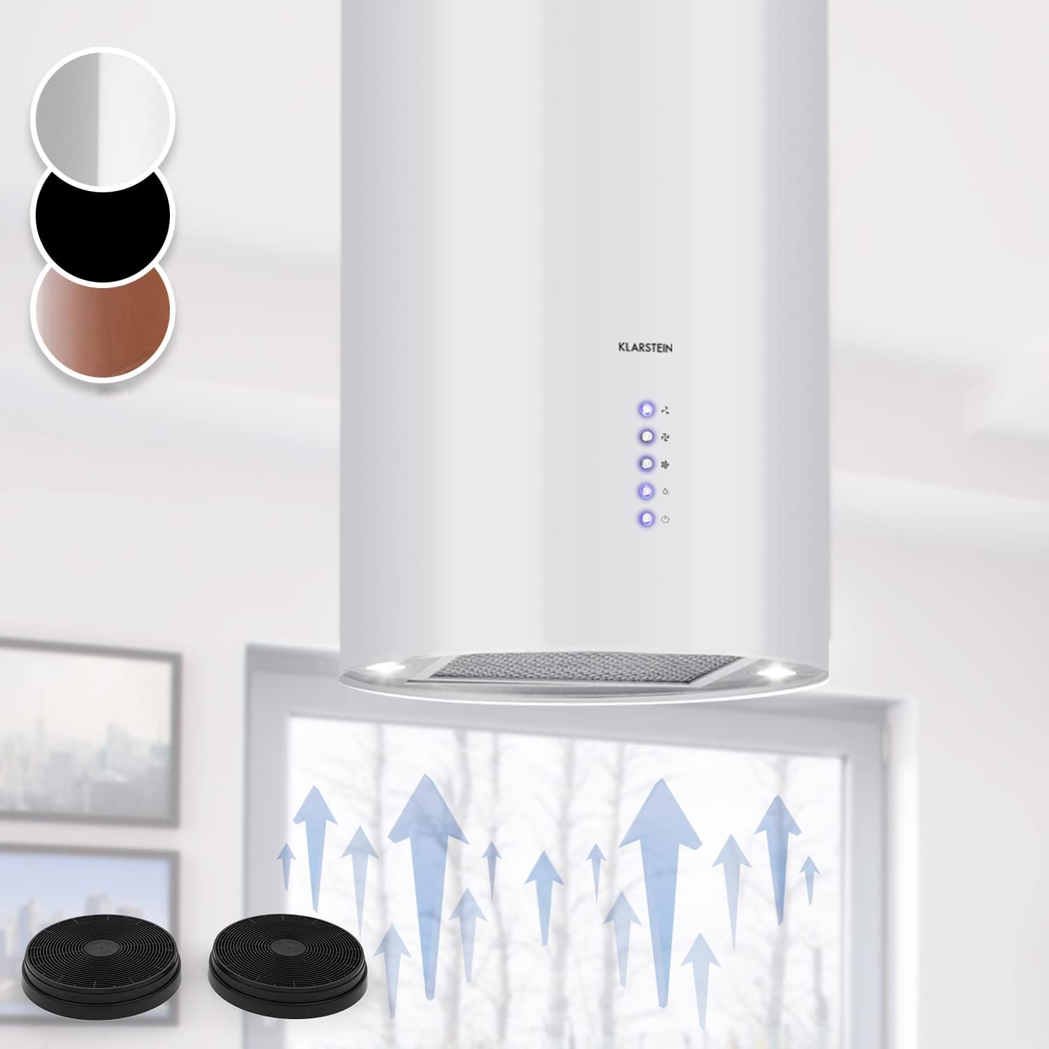 Hotte Aspirante Ilot Central de Cuisine Silencieuse et Design, Débit d'air 650m³/h, Minuteur, 3 Modes, Hotte Aspirante avec Conduit d'Evacuation, Filtres à Charbon Actif, Hotte Ilot Central Blanc style prime