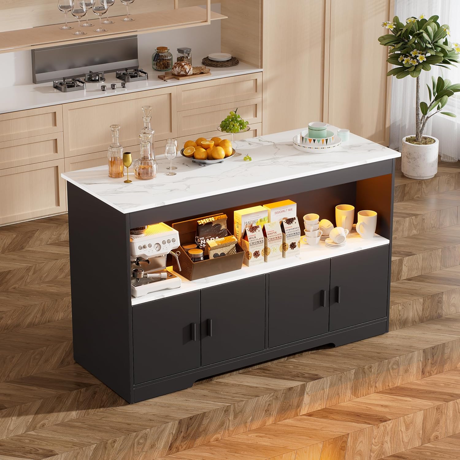 Îlot de Cuisine avec Rangement & Éclairage LED Meuble de Rangement avec Plan de Travail Ilot Central Cuisine en Bois Moderne Buffet Cuis-ine Rangement pour la Maison Kitchen 50 * 110 * 78.2CM