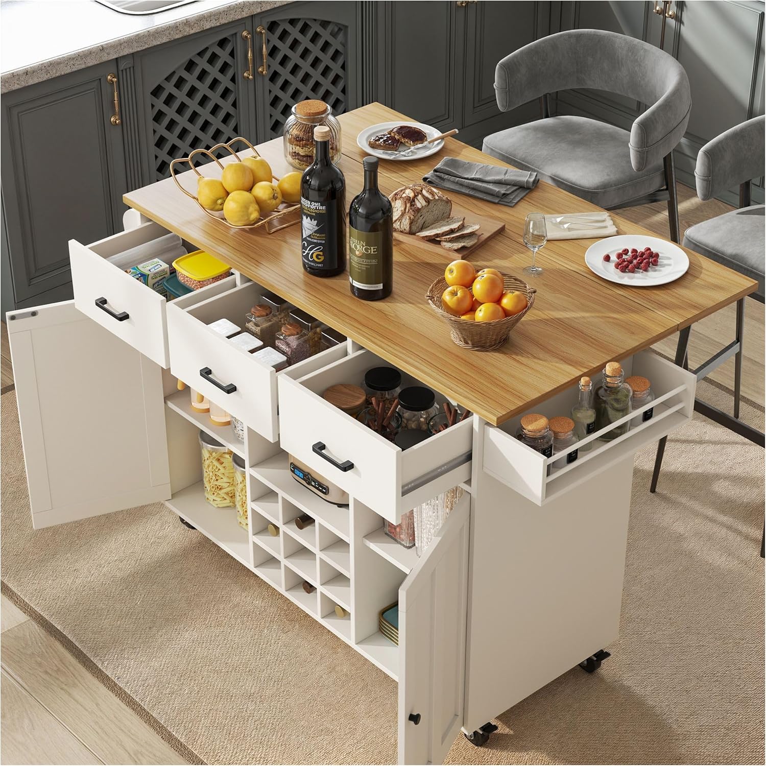 Seyakany Chariot de Salle à Manger, ilot Central Cuisine avec Plan de Travail, Porte-Serviettes et étagère à épices, séparateurs réglables, Plateau de Table avec Grain de Bois, Blanc L-blanc