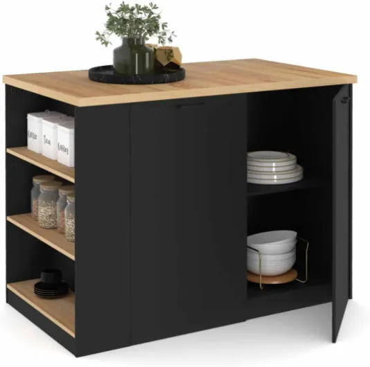 Ilot central TIBO 120 cm bois noir avec plan de travail façon hêtre