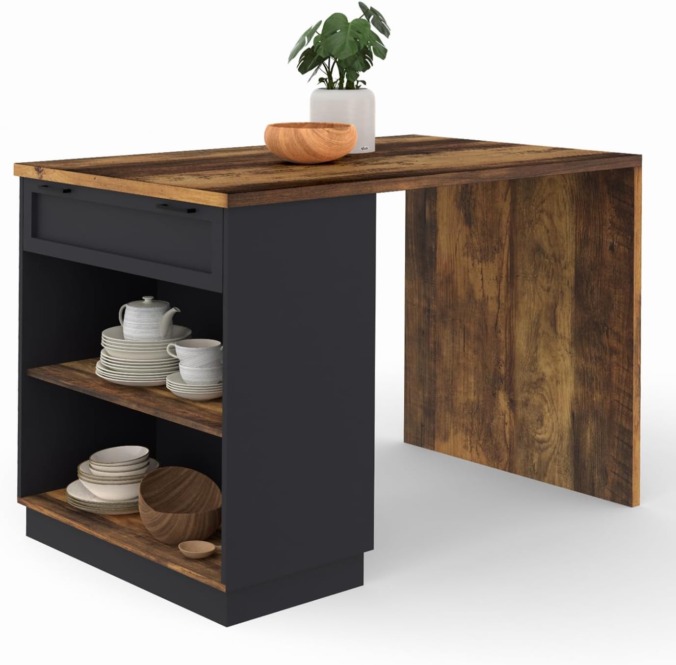 Ilot Central Mange-Debout 4 Personnes VITO 130 cm Noir et Effet Bois foncé Hawkins