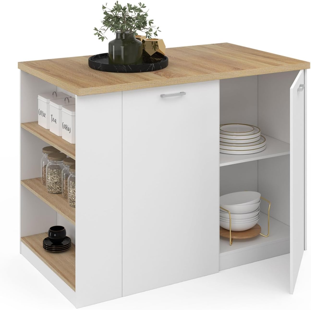 Ilot Central TIBO 120 cm Bois Blanc avec Plan de Travail façon hêtre