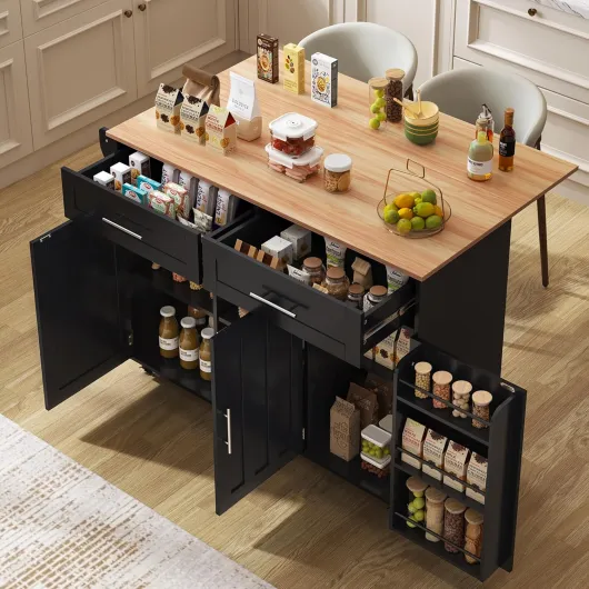 Seyakany îlot de Cuisine avec roulettes,Buffet,Meuble de Cuisine,Chariot de Salle à Manger,Armoire,Plan de Travail avec veinage en Bois Massif,Plan de Travail Pliable,129x46(71) x91,5 cm (Black) Noir
