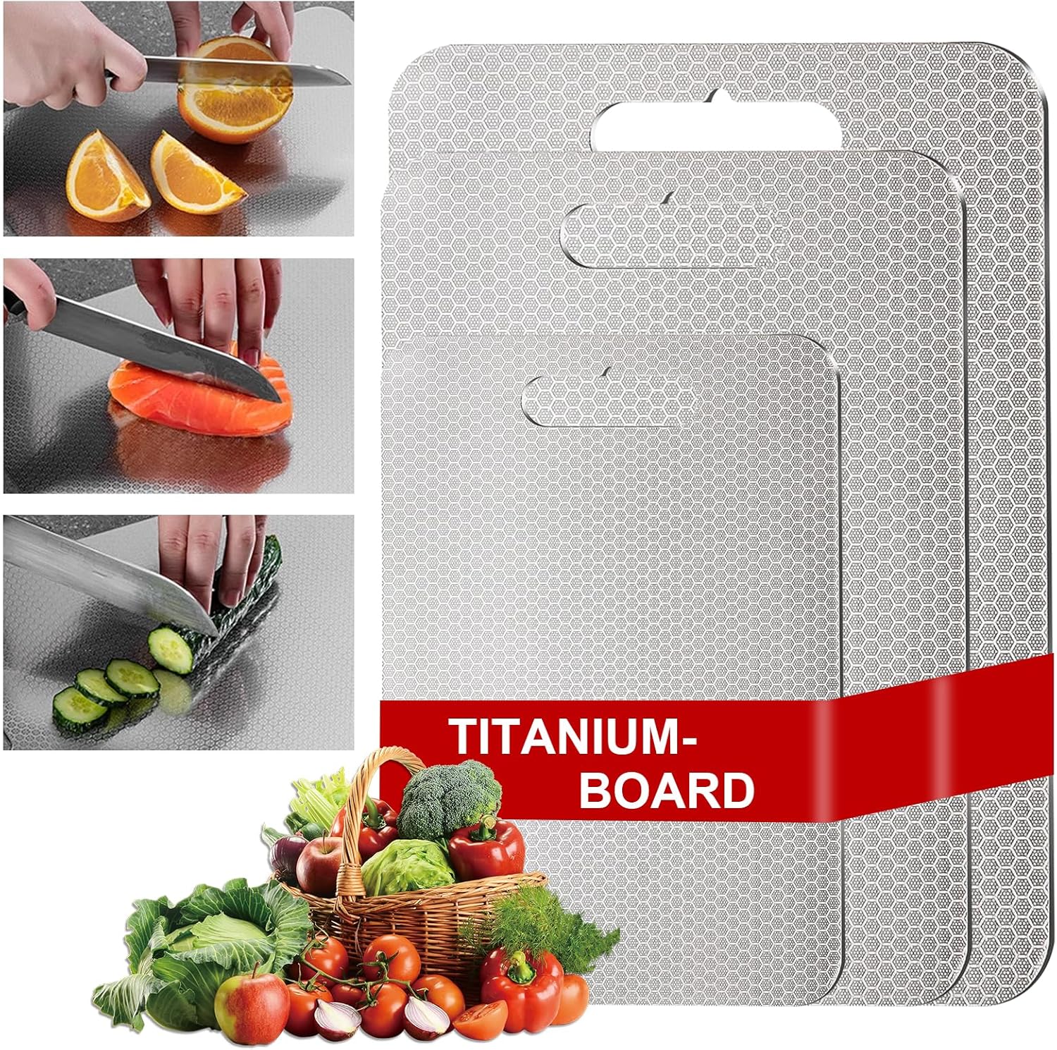Lot de 3 planches de cuisine en titane 100 % - Nouvelle version 2025, anti-rayures, double face, sans BPA - Choix hygiénique et durable pour la cuisine moderne