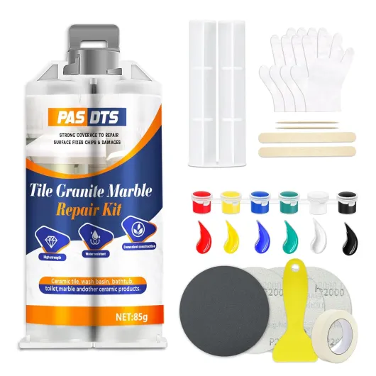 Kit de réparation pour carreaux - Convient pour réparer les rayures, fissures, ébréchures et trous sur le marbre - Kit de réparation pour plans de travail en quartz, inclut des pigments de coloration.
