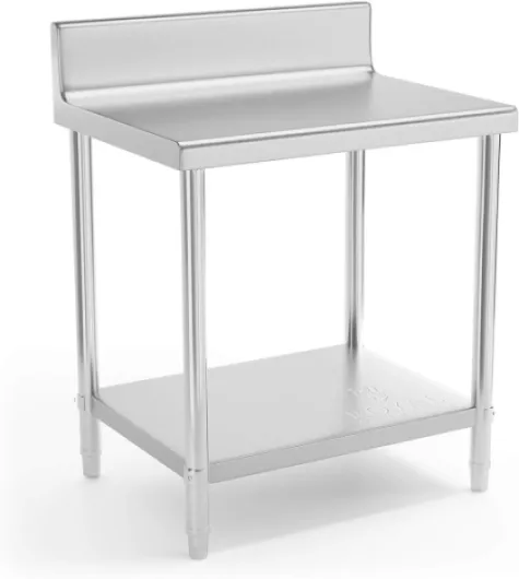 Table De Travail INOX Adossée Cuisine Plan De Travail Professionnel avec Dosseret RCAT-80/60-N (80 x 60 cm, 190 kg, 2 Niveaux, Plan Renforcé, Pieds Réglables en Hauteur)
