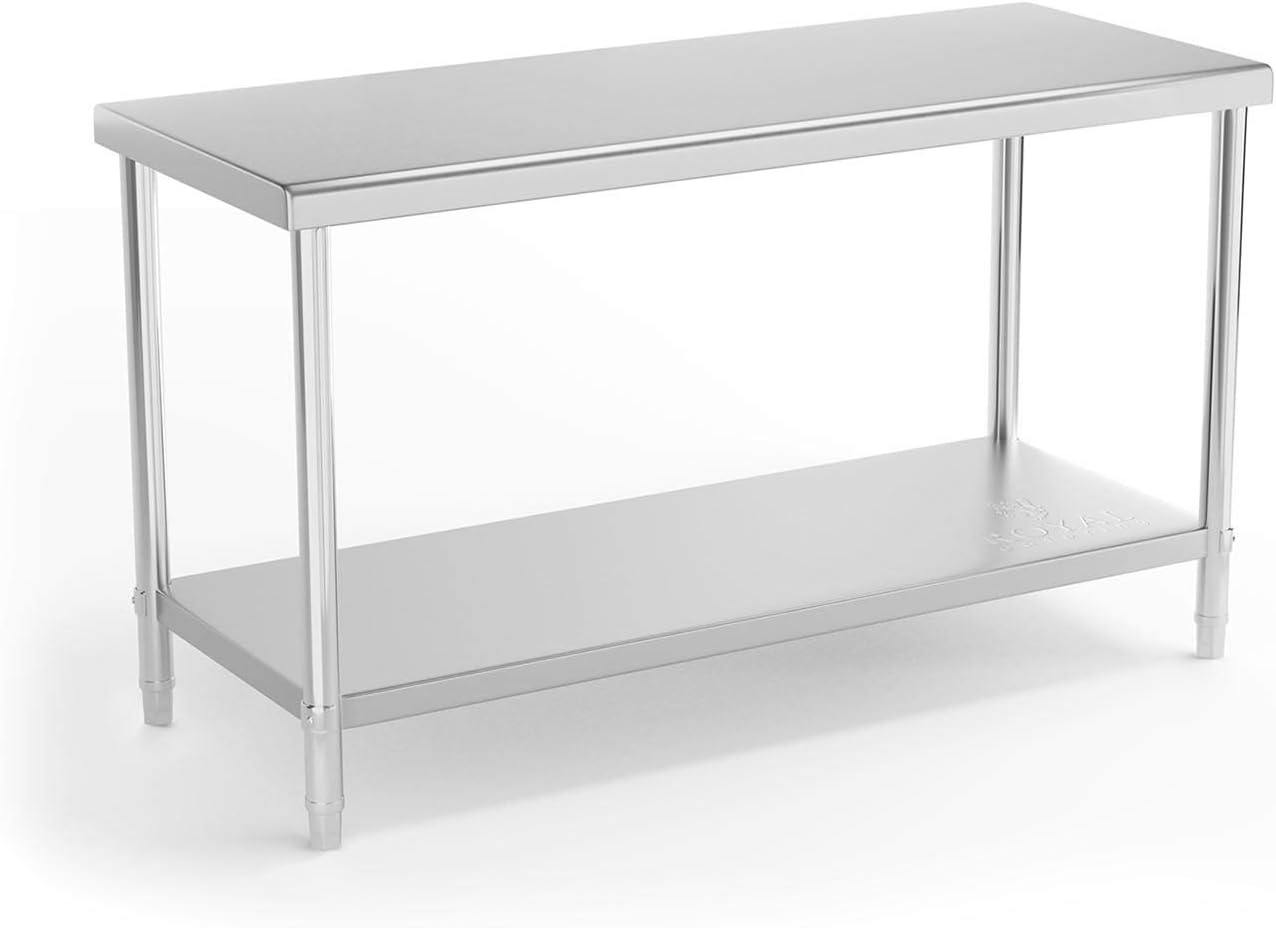 Table De Travail INOX Cuisine Plan De Travail Professionnel RCAT-150/60-NW (150 x 60 cm, 230 kg, 2 Niveaux, Plan Renforcé, Pieds Réglables en Hauteur)