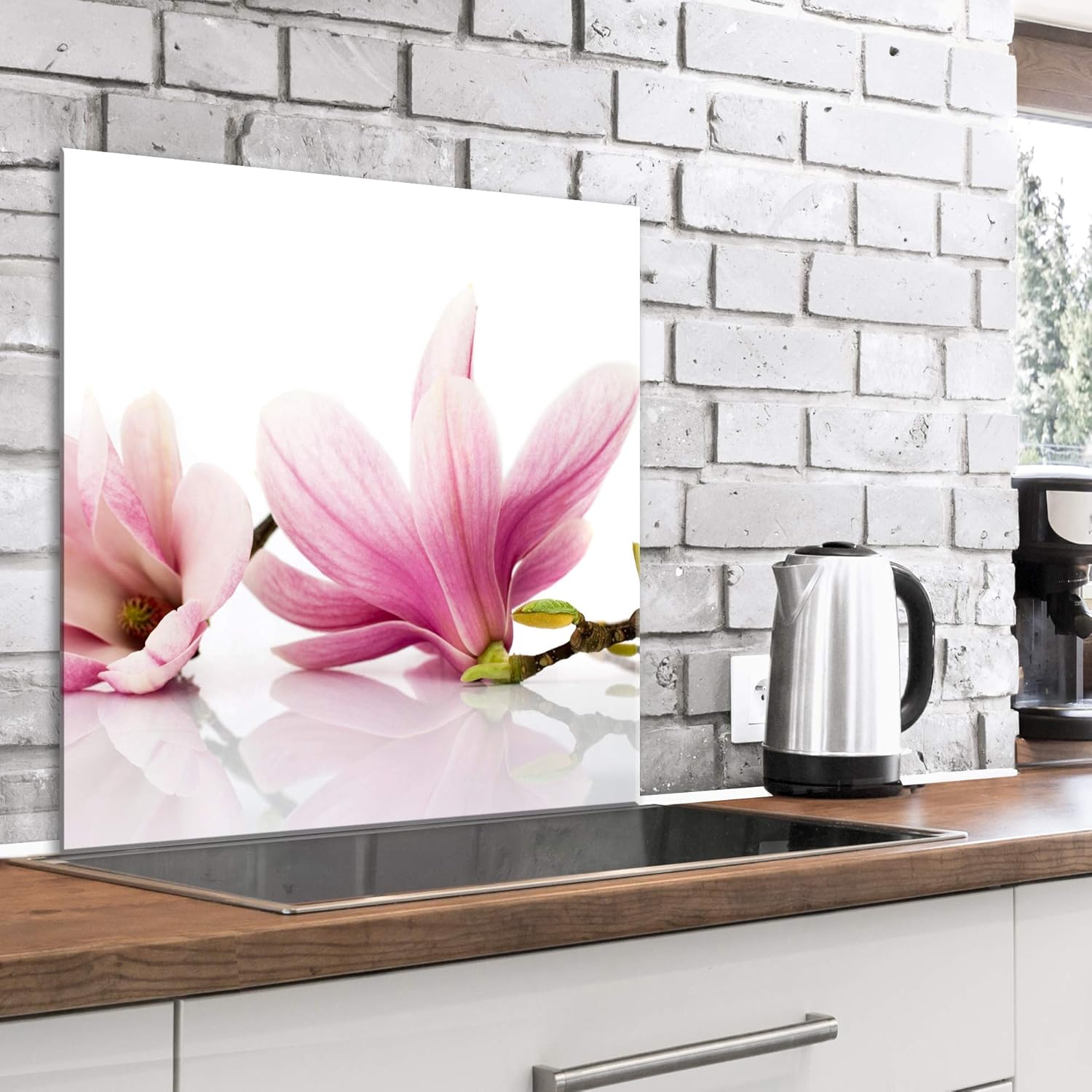 Crédence Verre Cuisine 60x60 cm - Plaque Anti-Projection - Couvercle Anti-éclaboussures crédence - Revêtement Carreaux - Plaque en Verre trempé - Fleurs Magnolia Rose Blanc b-B-0448-aq-a 60L x 60l cm #29