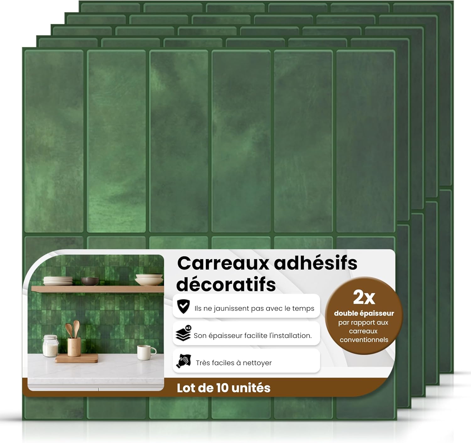 AMARA DECO - 10 Pièces Carrelage Adhésif Mural Salle de Bain & Cuisine 30x30cm - Crédence Adhésive pour Cuisine, Effet Carrelage Authentique 3D, Résistant à la Chaleur et Facile à Nettoyer (10, Vert) 10 Vert
