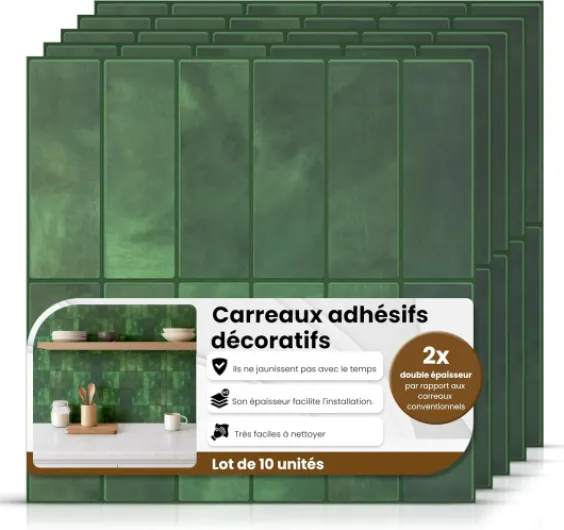 AMARA DECO - 10 Pièces Carrelage Adhésif Mural Salle de Bain & Cuisine 30x30cm - Crédence Adhésive pour Cuisine, Effet Carrelage Authentique 3D, Résistant à la Chaleur et Facile à Nettoyer (10, Vert) 10 Vert