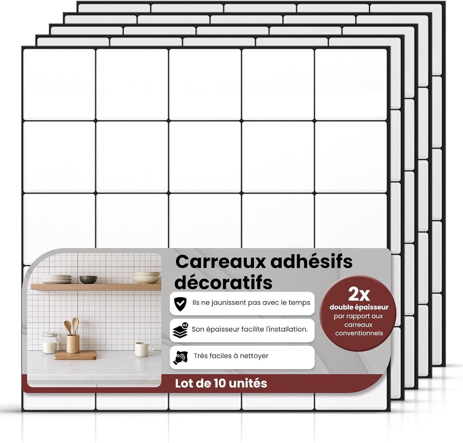 AMARA DECO - 10 Pièces Carrelage Adhésif Mural Salle de Bain & Cuisine 30x30cm - Crédence Adhésive pour Cuisine, Effet Carrelage Authentique 3D, Résistant à la Chaleur et Facile à Nettoyer - 10 Blanc et Noir